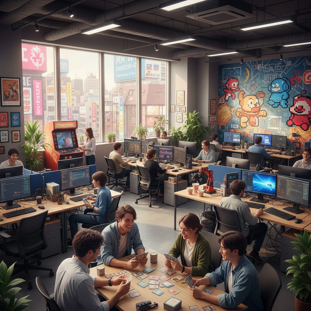秋葉原のぐっどぴーす株式会社の活気あるオフィスで働く社員たちとカードゲーム