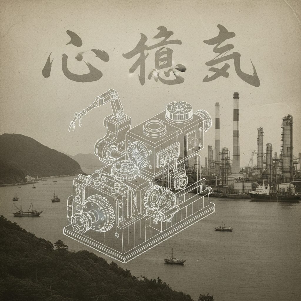 コウセイ工業の事業内容と企業理念を象徴するイメージ。機械の設計図と大分・愛媛の風景。