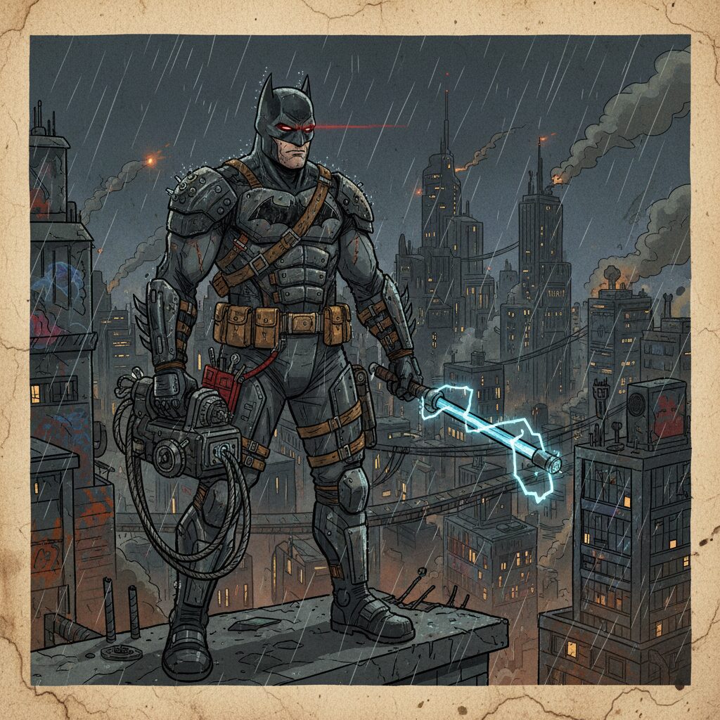 現代風に再構築された、エンジニアのバットマンが混沌のゴッサムシティに立つイラスト