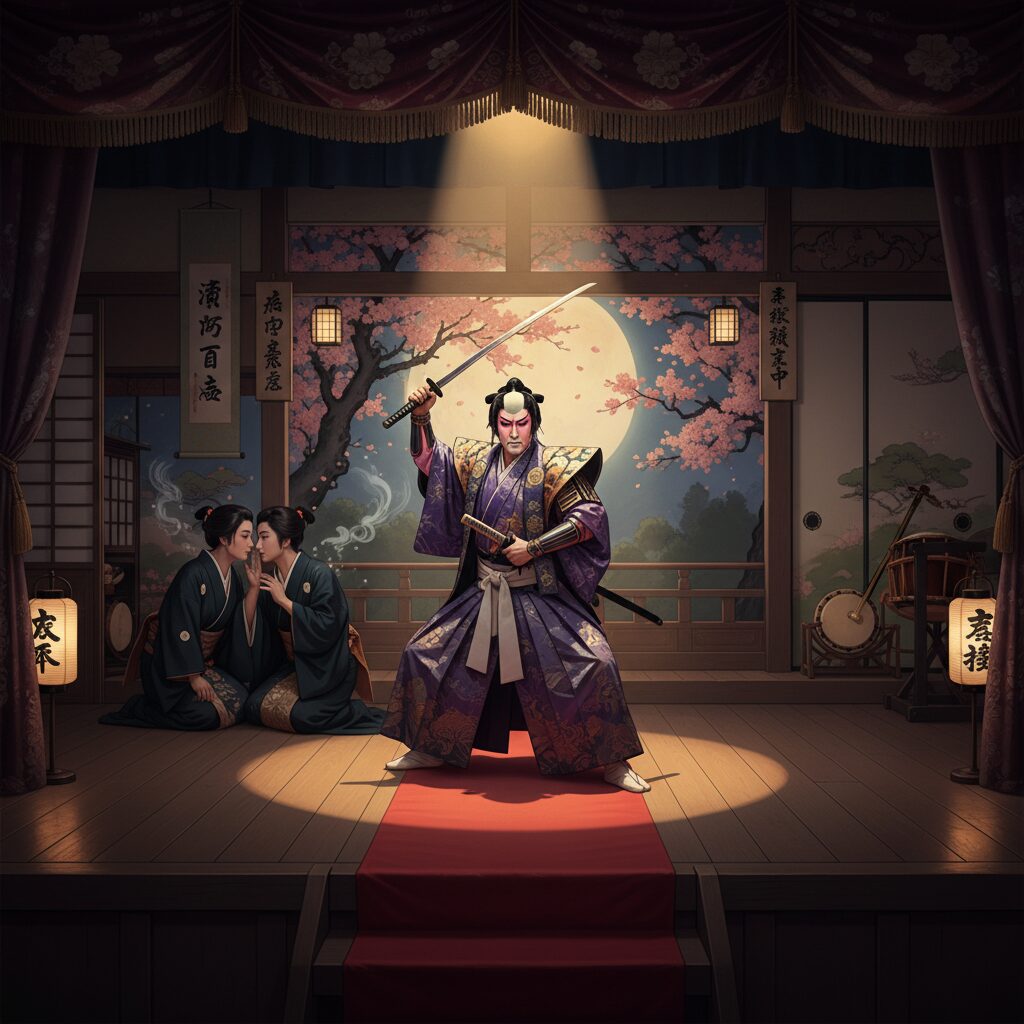 歌舞伎の舞台裏で語られる秘密を表現した、神秘的な和風のイメージ