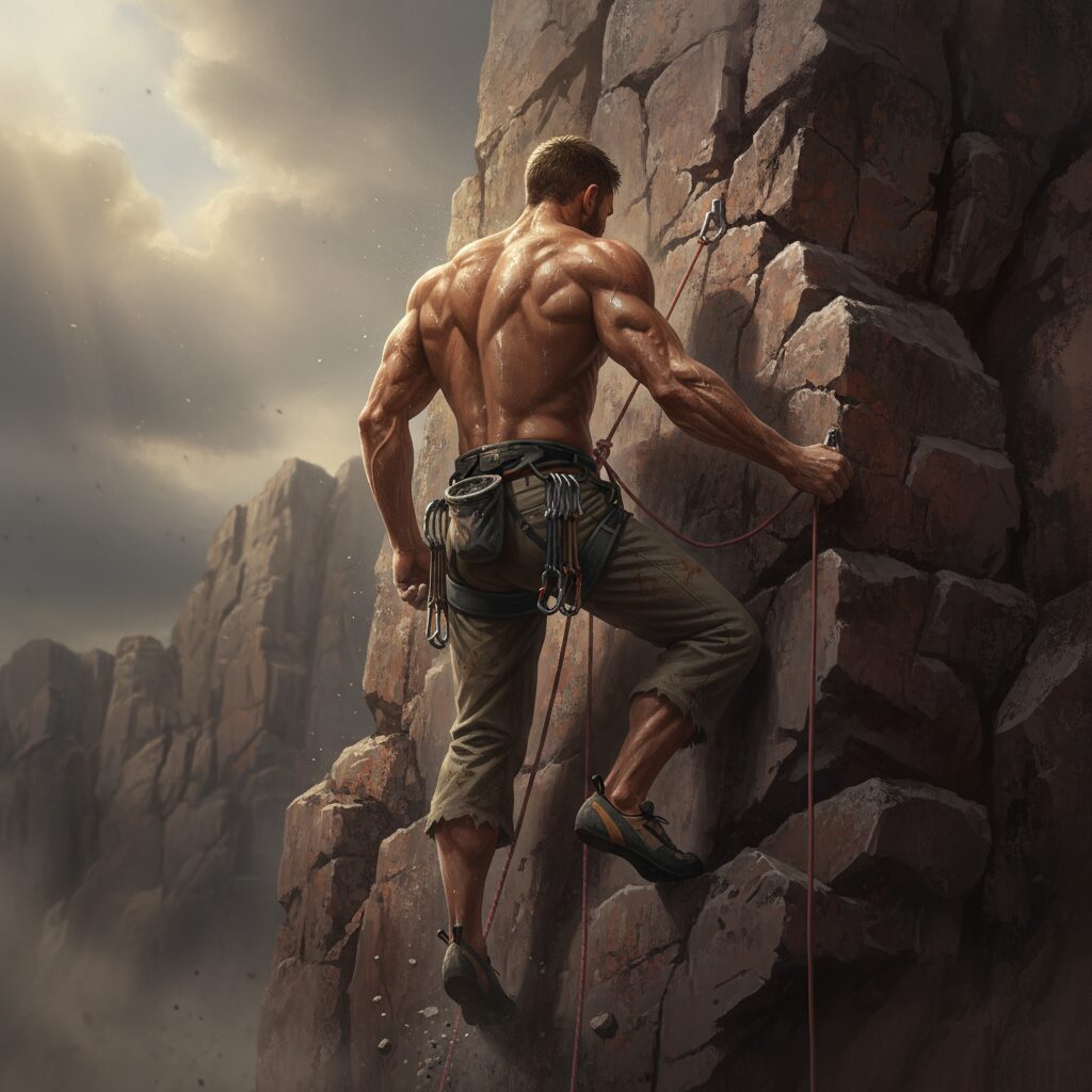 険しい山を登る、決意に満ちた人の姿。粉骨砕身の努力を表す。