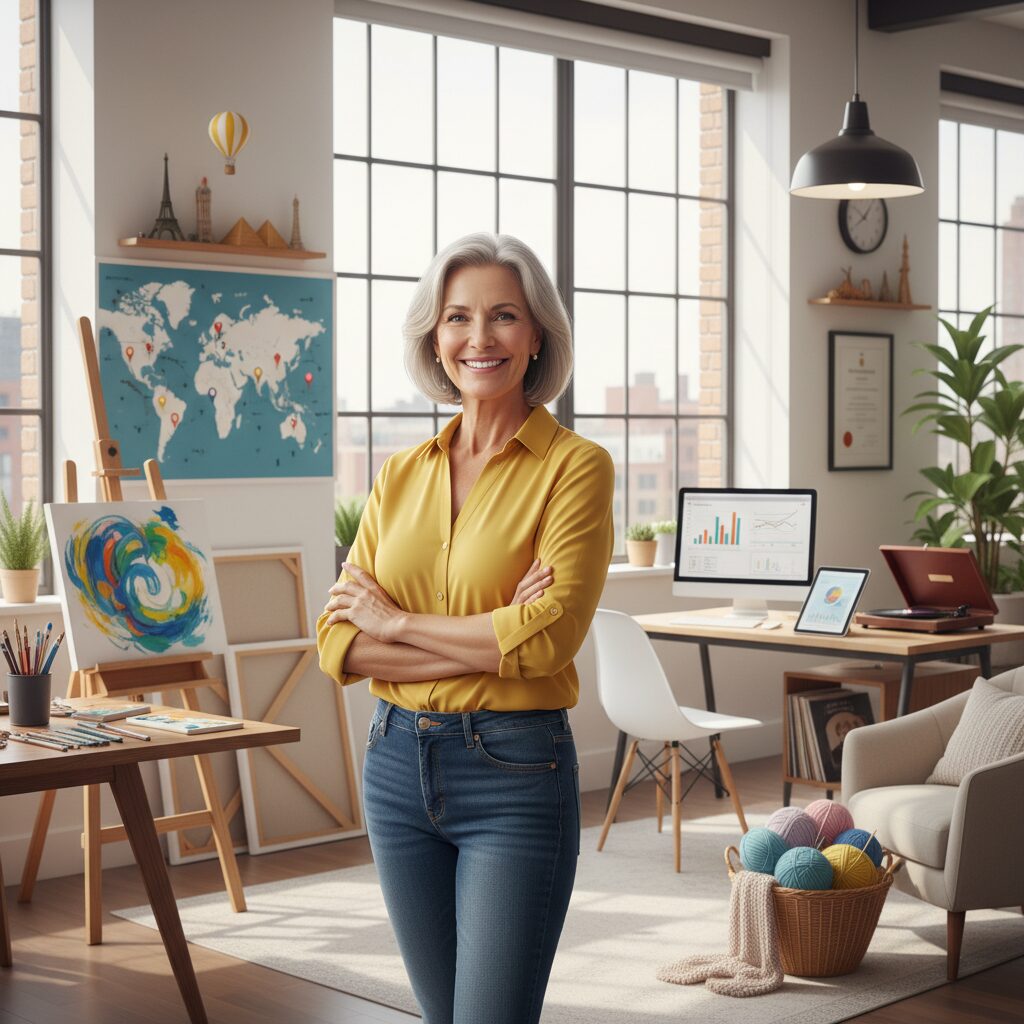 50代で独身生活を自由に楽しむ女性のイラスト