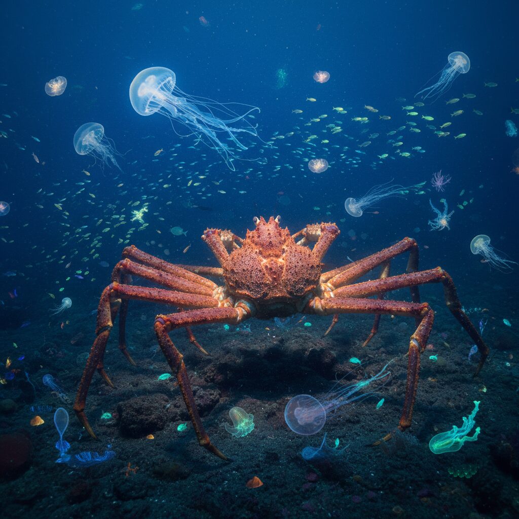 深い青い深海を優雅に歩く巨大なタカアシガニ。周りには光を放つ深海生物が漂い、神秘的な雰囲気を醸し出している。