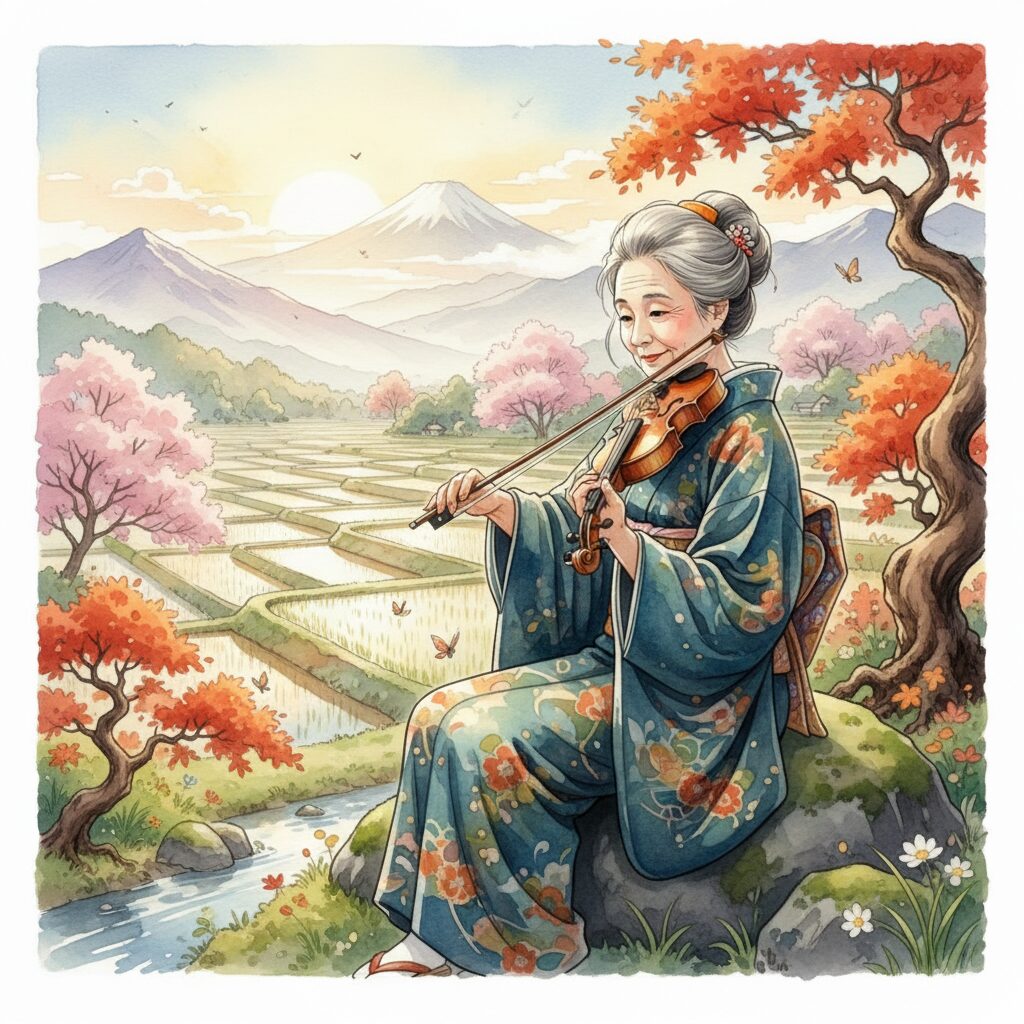 山梨の自然の中でバイオリンを奏でる鰐淵晴子のイラスト