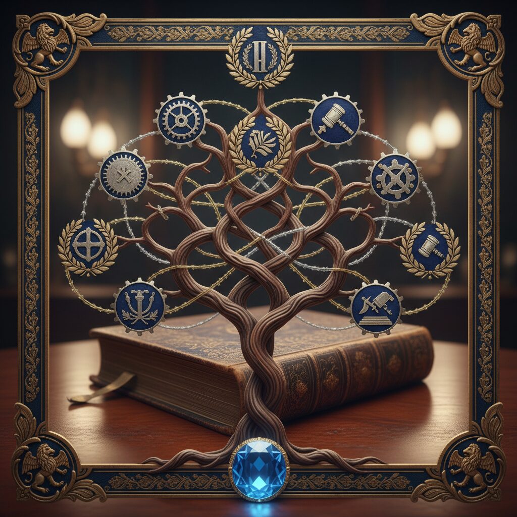 岡田克也氏の家系図を表す複雑なデザインで、ビジネスと政治の繋がりを示す抽象的なイラスト。