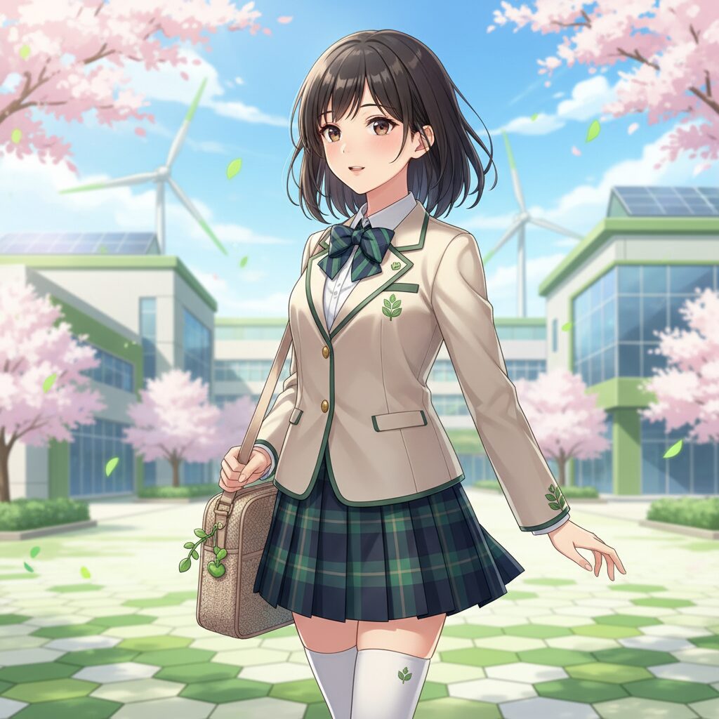 浜松開誠館中学校・高等学校の男女制服のイメージ画像。ブレザー、リボン、スカート、スラックスが描かれ、モダンで清楚な印象。