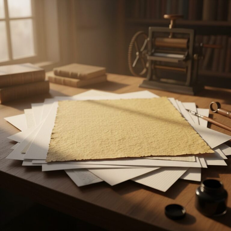 わら半紙のような質感のアドニスラフ紙が積まれている画像。背景には古い書籍や印刷機のようなぼんやりとした影があり、ノスタルジックな雰囲気を醸し出している。