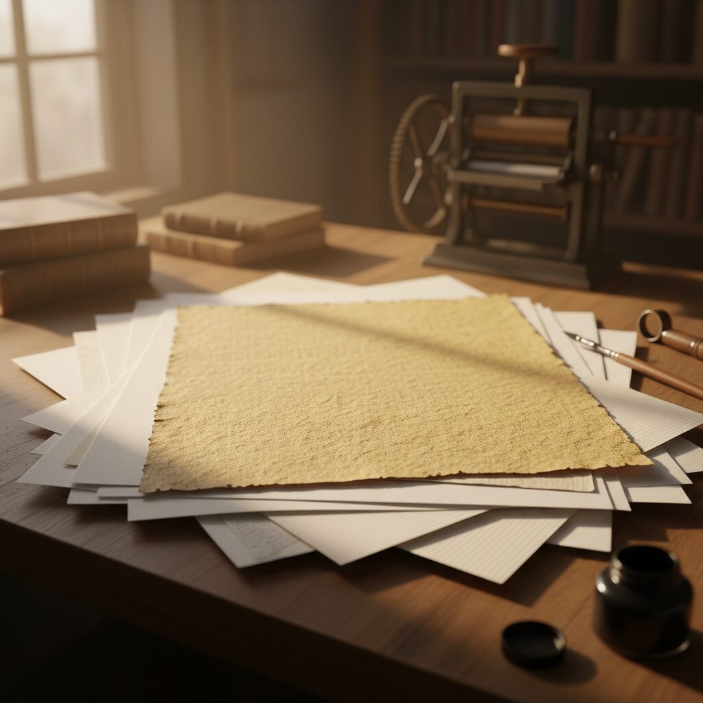 わら半紙のような質感のアドニスラフ紙が積まれている画像。背景には古い書籍や印刷機のようなぼんやりとした影があり、ノスタルジックな雰囲気を醸し出している。