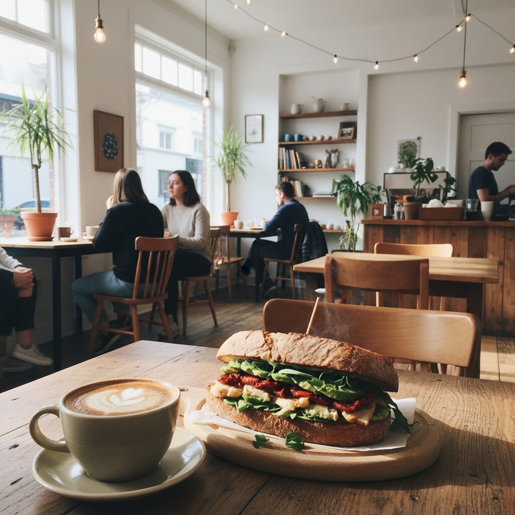 白と木目調のカフェで、カスタマイズされたサンドイッチとコーヒーが置かれたテーブル
