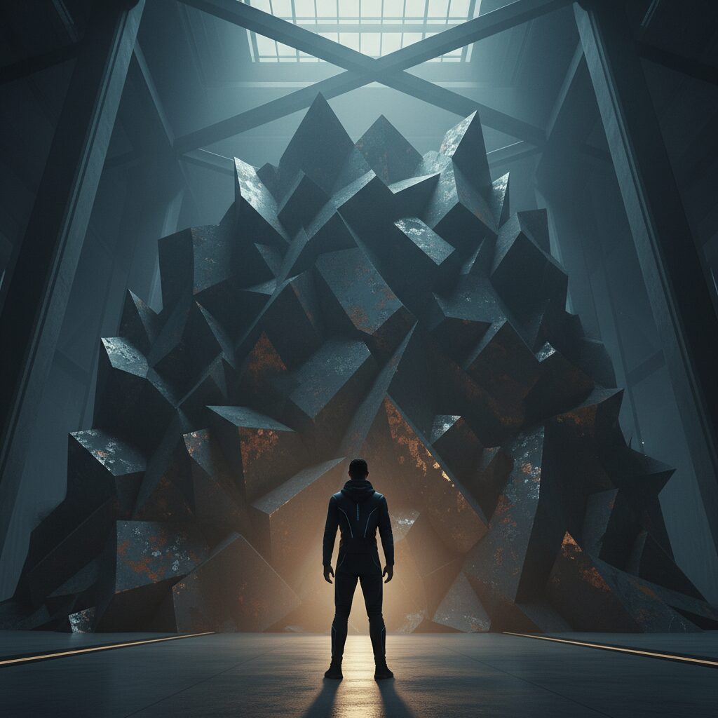 巨大な壁を前にして、ひたむきに努力する人の後ろ姿。