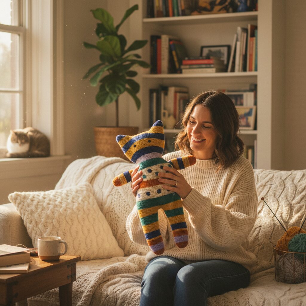 松居直美さんが趣味の編み物を楽しむ様子をイメージした、温かい雰囲気のイラスト