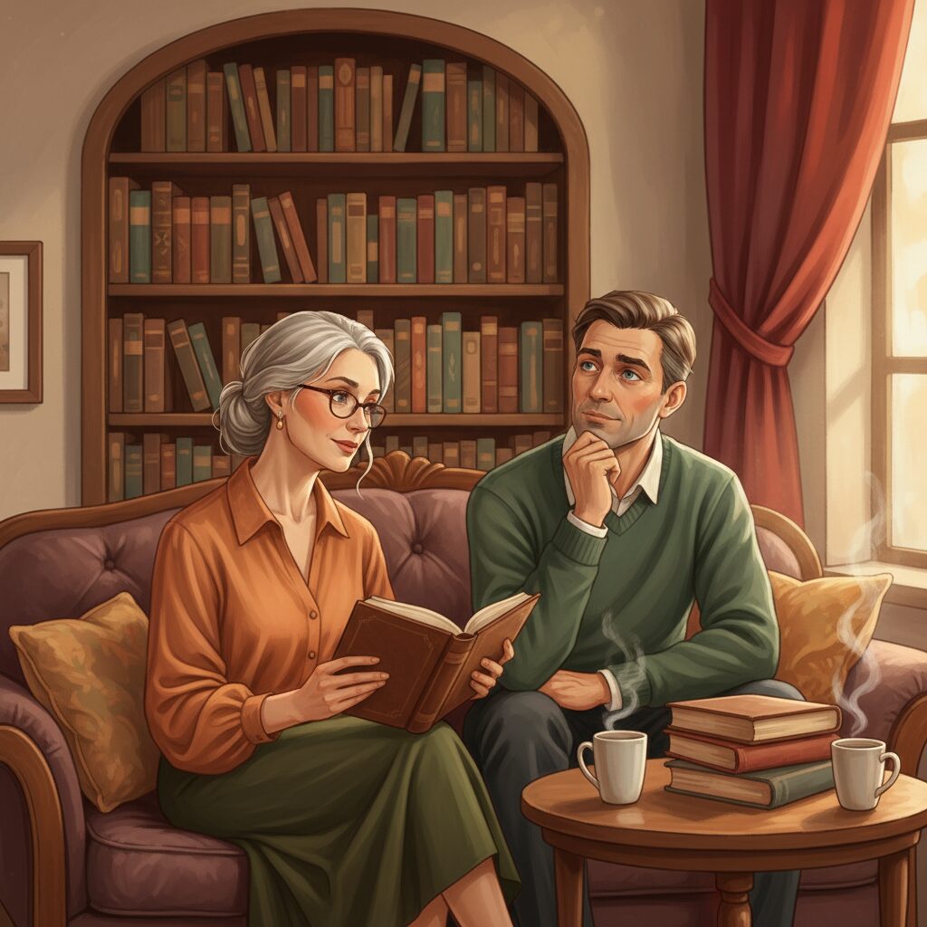 松雪泰子さんと息子・大知さんが文学や舞台について語り合っているような、心温まるイラスト