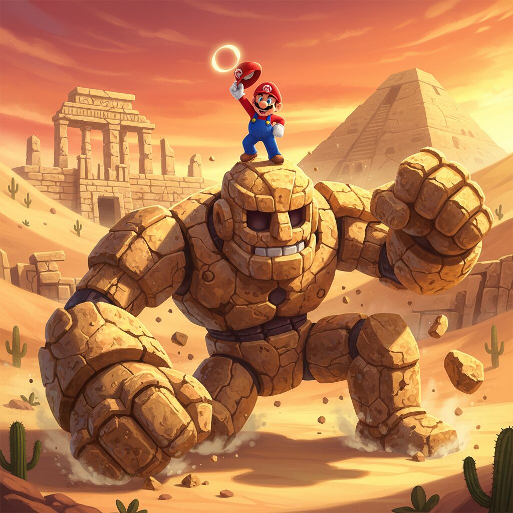 マリオが巨大なアッチーニャ神を倒し、砂漠の遺跡で勝利する様子。