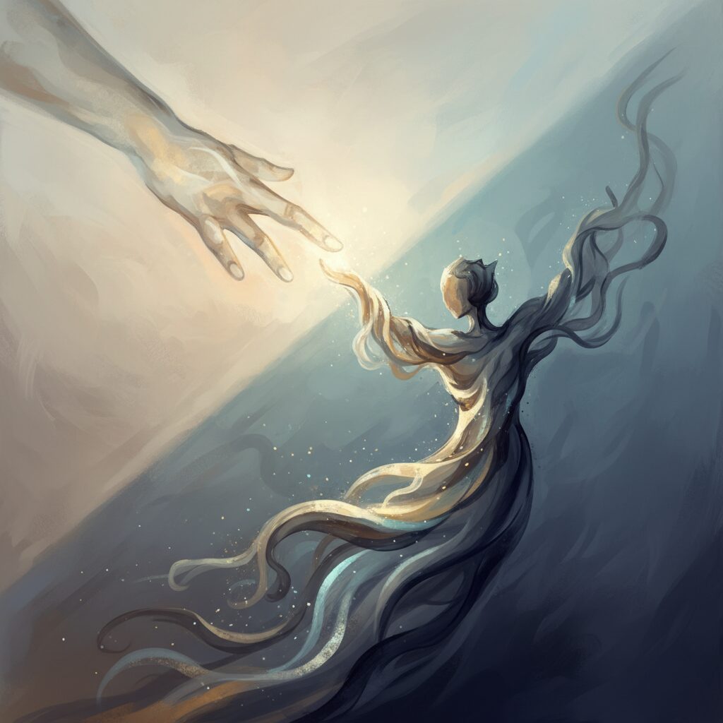 暗闇の中に差し込む一筋の光と、静かに手を差し伸べる抽象的な人影が描かれ、赦しと安らぎの感情を表現しているイラスト。