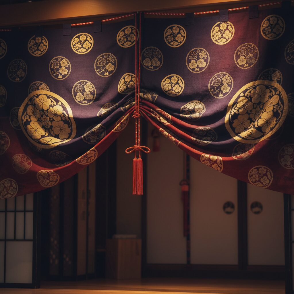 歌舞伎舞台の幕と伝統的な家紋のイラスト