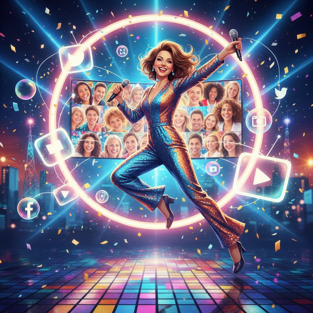 明るく笑顔の朝日奈央がバラエティ番組で活躍する様子。SNSのアイコンやテレビ画面が周りに散りばめられたデザイン。