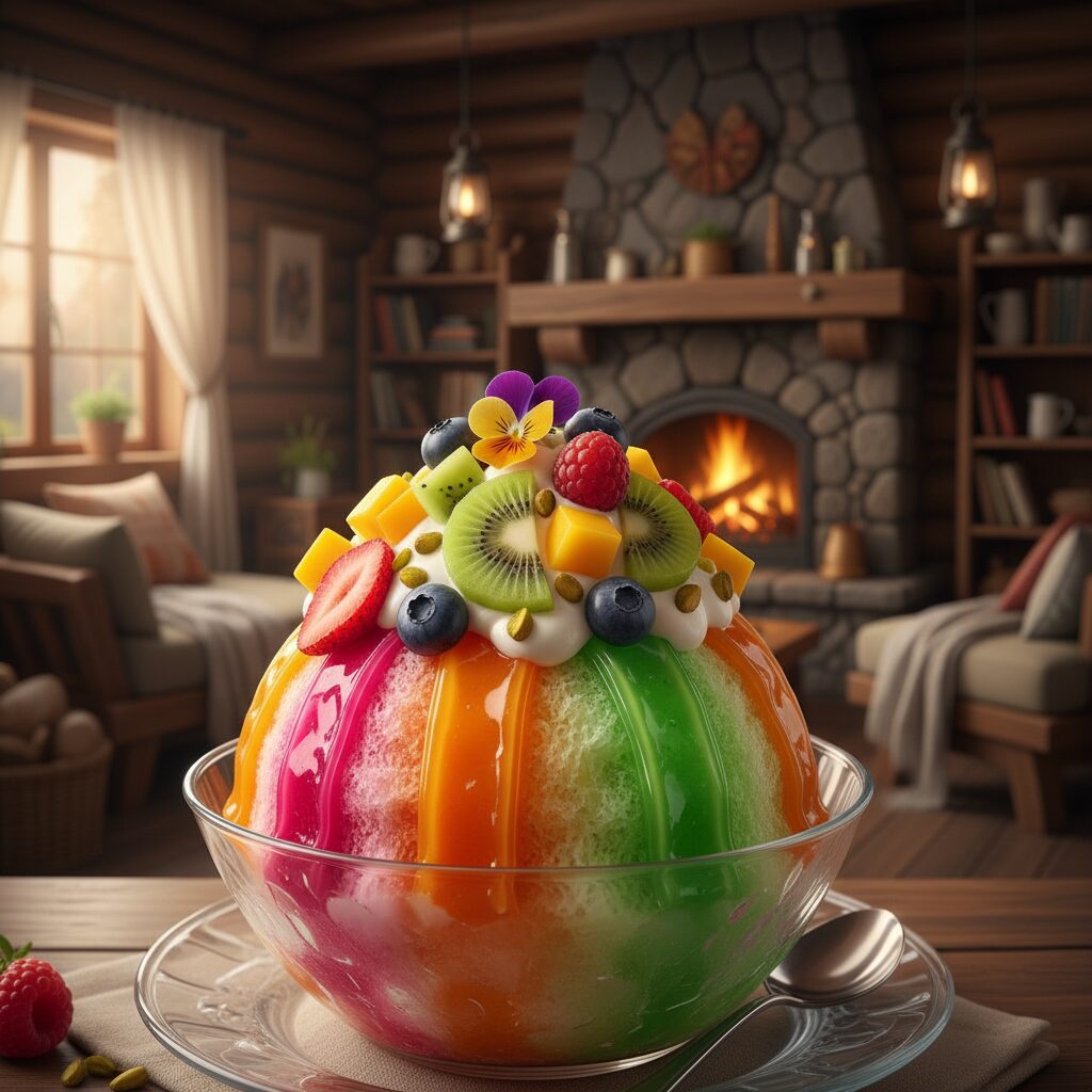 色とりどりのフルーツが乗ったアオラキカフェのふわふわかき氷