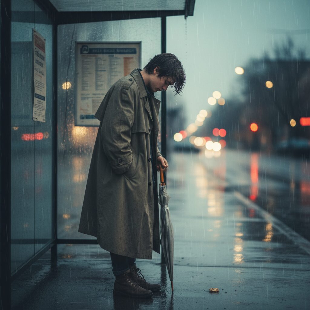 雨降るバス停で一人佇む少年が後ろ姿で、切ない失恋を象徴するイメージ