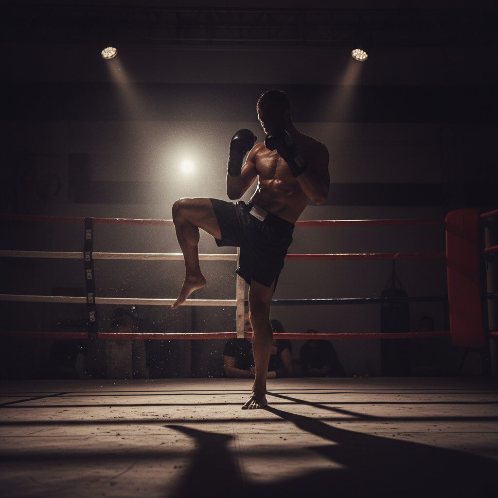 リング上で力強いポーズを取る男性キックボクサーの後ろ姿。身長の成長を想起させるイメージ。