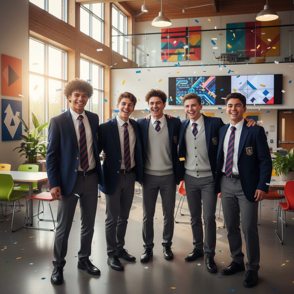 中京大学附属中京高等学校の生徒たちがスタイリッシュな制服を着て笑顔でいる様子