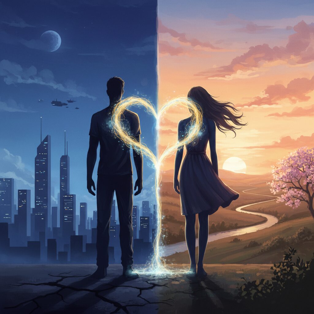 小西遼生さんと肘井美佳さんの象徴的な関係性を表すイメージ。未来的な都市と希望に満ちた空の背景に、二人のシルエットが背を向けつつも光で繋がっている。