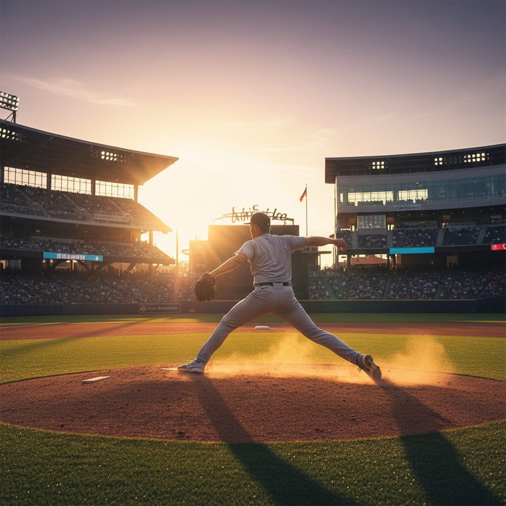 172cmの身長ながらマウンドで力投するプロ野球投手。夕焼けのスタジアムで、その体格からは想像できない力強いピッチングを見せている。