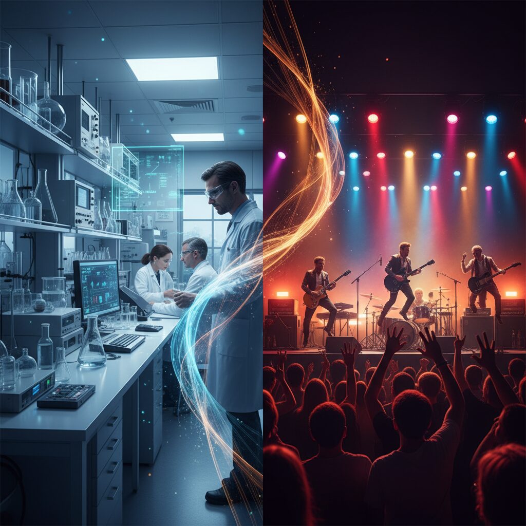 科学研究室とライブステージ、対照的な二つの世界が描かれたイメージ