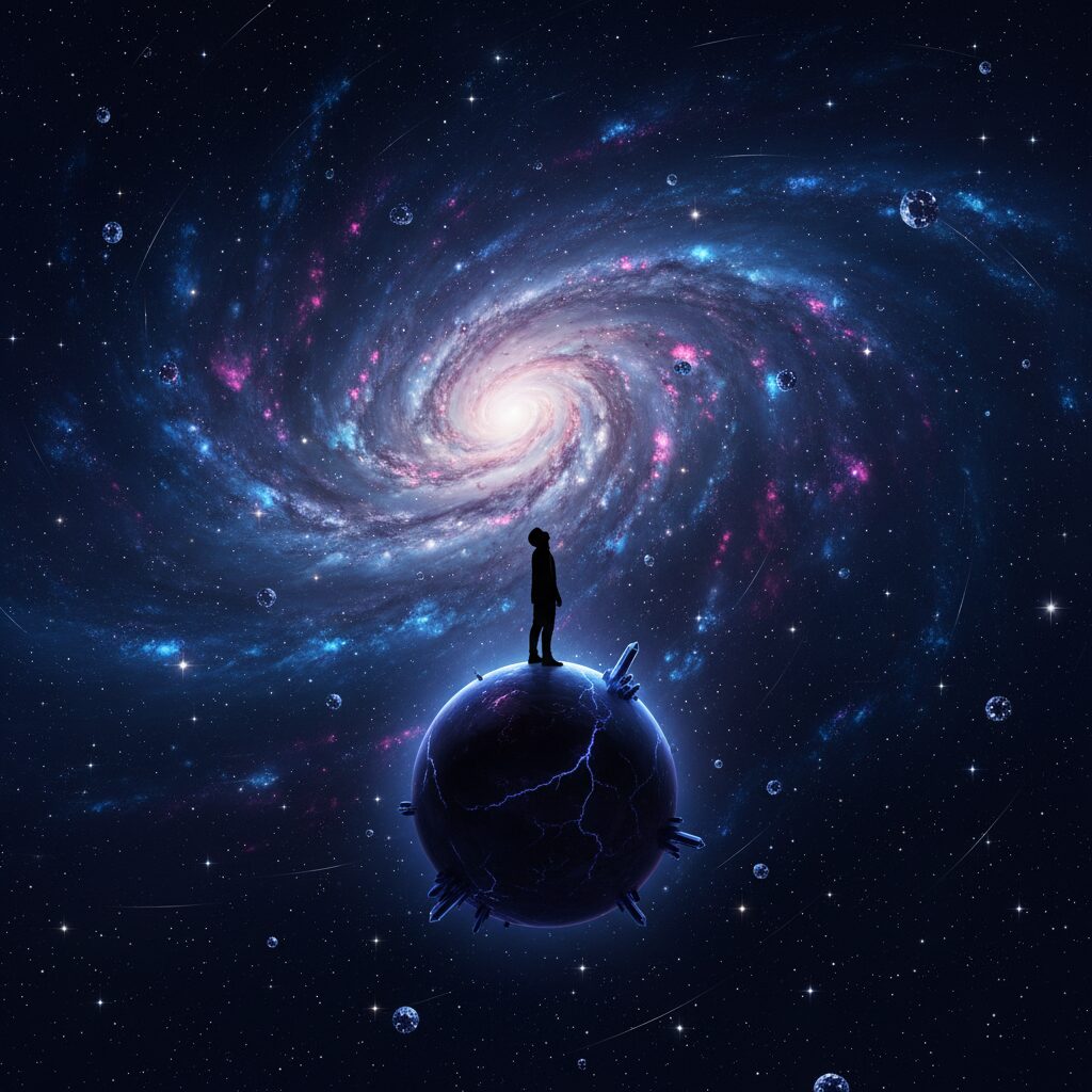 谷川俊太郎の詩「二十億光年の孤独」を象徴する、小さな惑星に立つ人物が広大な宇宙を見上げるイラスト