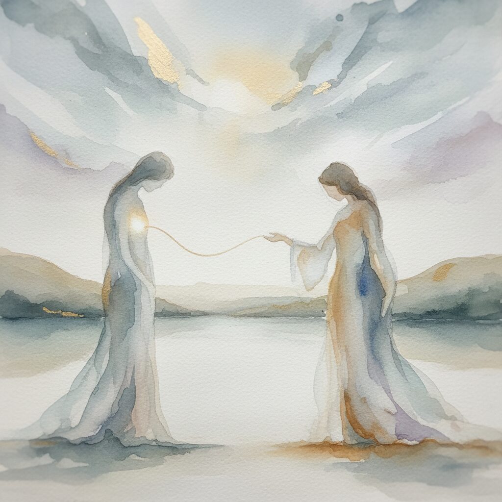 谷川俊太郎の詩「あなたはそこに」をイメージした、記憶の中の人物と繋がりの抽象画。