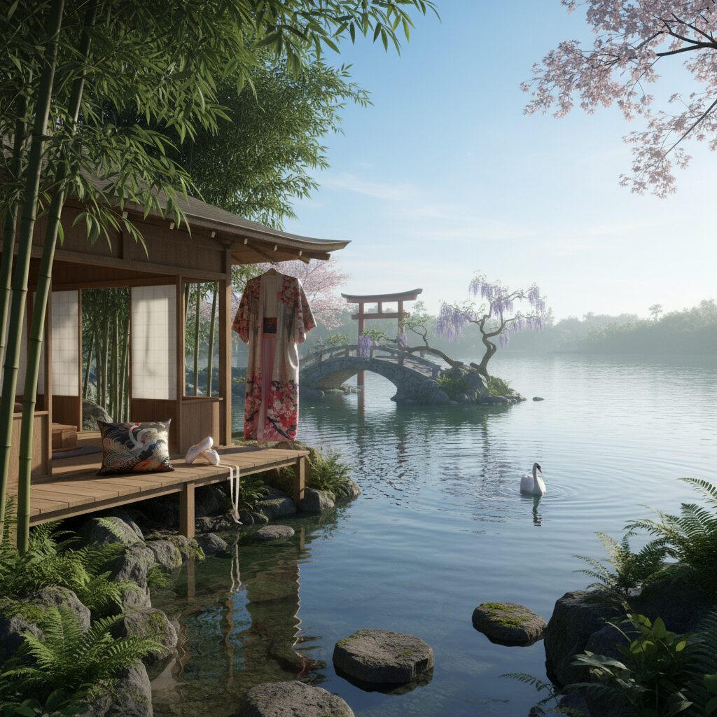 琵琶湖のほとりにある自然豊かな長浜市の風景と、和の文化やバレエを象徴する要素