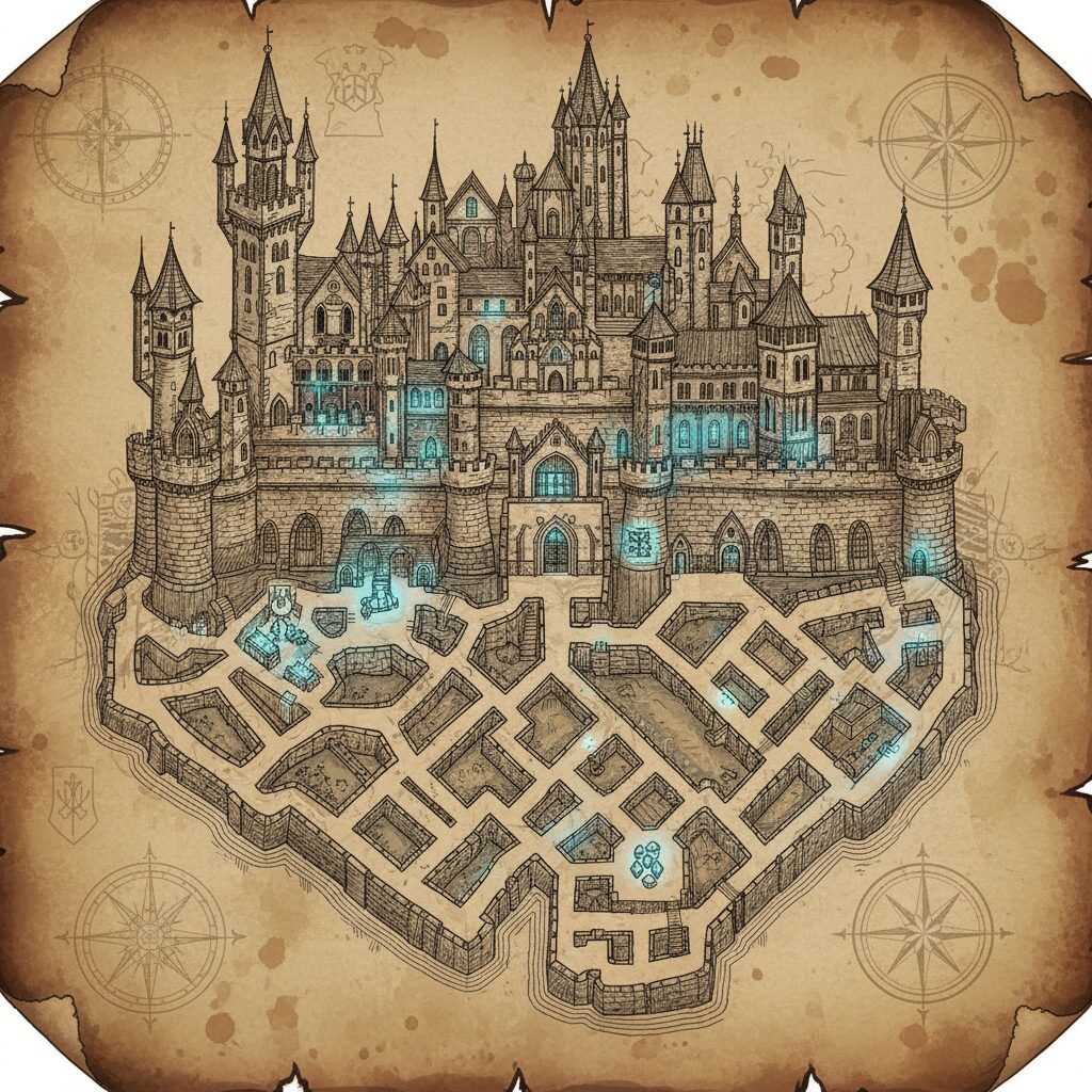 古びた羊皮紙に描かれた、複雑に入り組んだゴシック様式の城の地図。隠し通路や光るポイントが描かれ、探索のワクワク感を表現している。