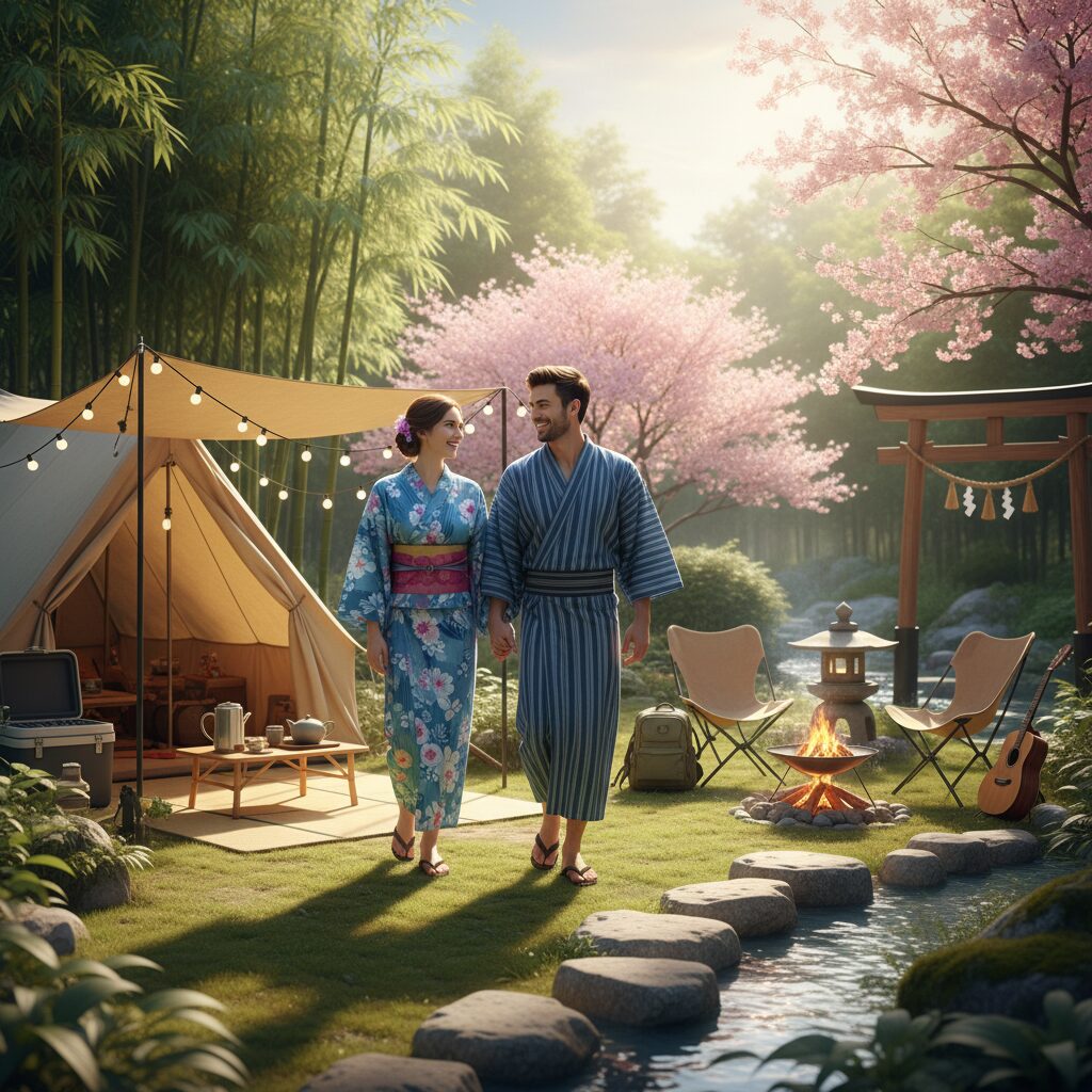 浴衣を着て笑顔で歩くカップル、またはグランピングを楽しむカップルのイラスト