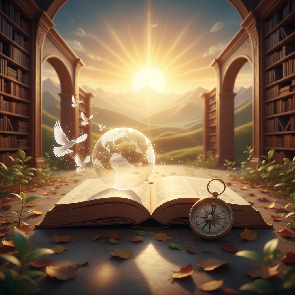 開かれた本と地球儀、昇る太陽が描かれた、マリウス葉さんの新たな挑戦を象徴する画像