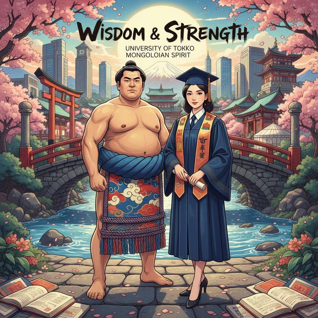 力士の玉鷲と東京大学卒業の姉、そして彼らの家族の知的な背景を示すイラスト