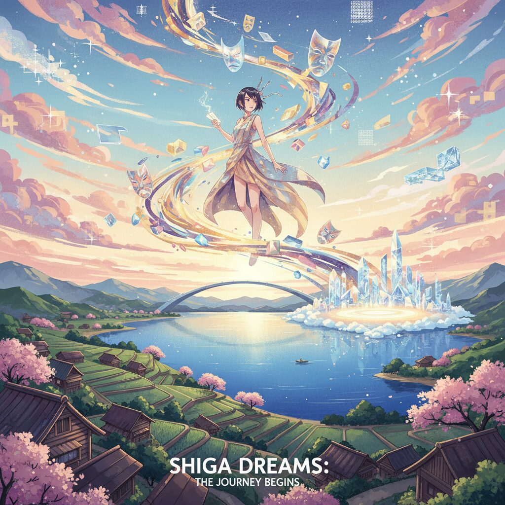 滋賀県の美しい風景と、都会的な要素が融合した抽象的なイラスト。若手女優の未来と情熱を表現。