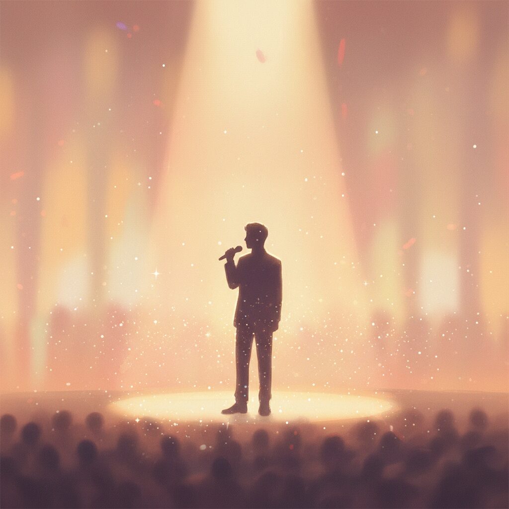 ステージに立つシルエットの人物と温かい光に包まれた感動的なシーン