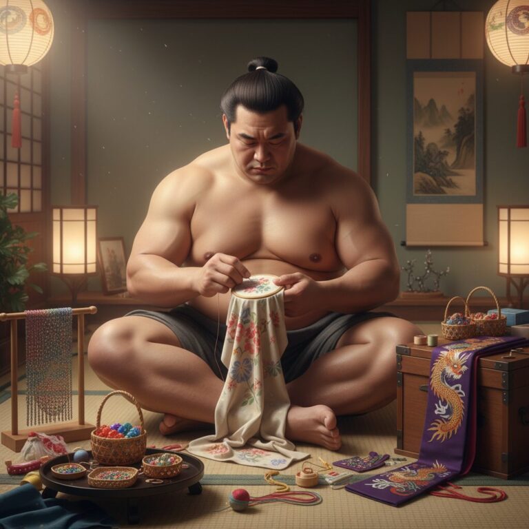大相撲力士の玉鷲関が、繊細な手芸作品（刺繍やビーズ細工など）に集中している様子。力強い体格と対照的な手先の器用さが際立つイメージ。