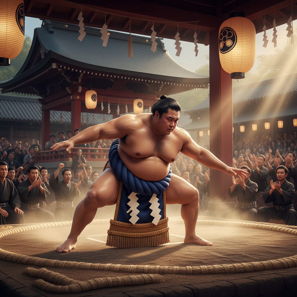 土俵で力強いポーズをとる王鵬、背景には相撲の伝統的な要素