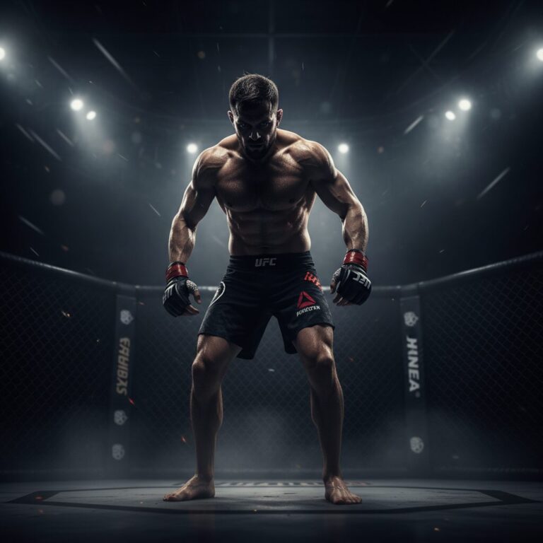 UFCオクタゴンで力強いポーズをとる総合格闘家