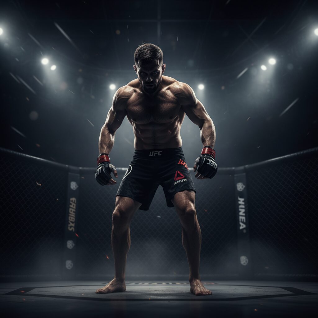 UFCオクタゴンで力強いポーズをとる総合格闘家