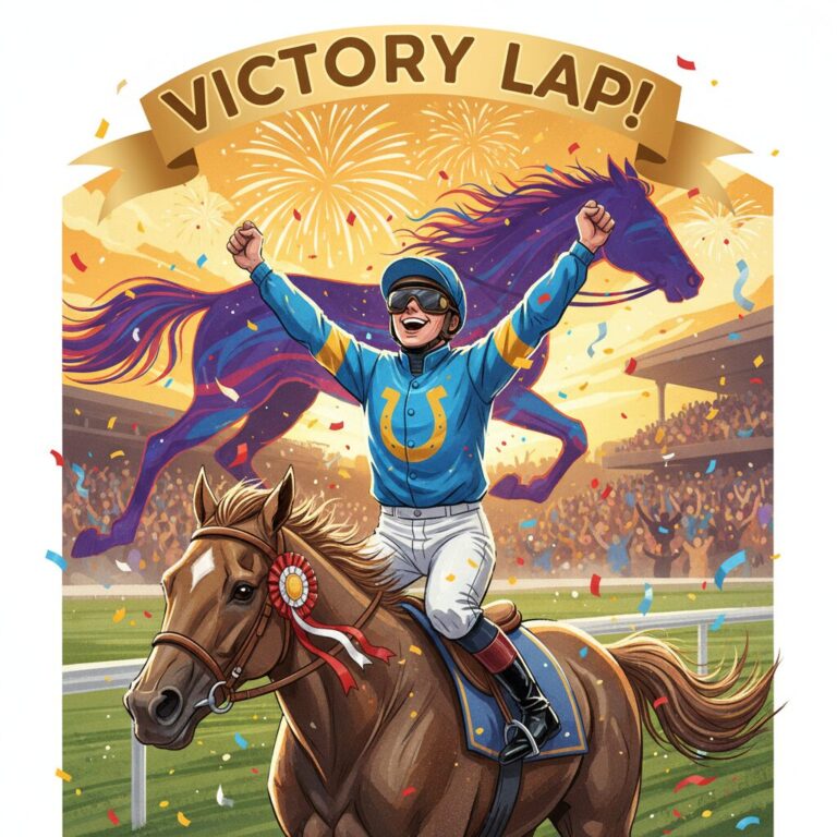 勝利後に「ベリーベリーホース」と叫ぶ戸崎圭太騎手のような競馬ジョッキーのイラスト