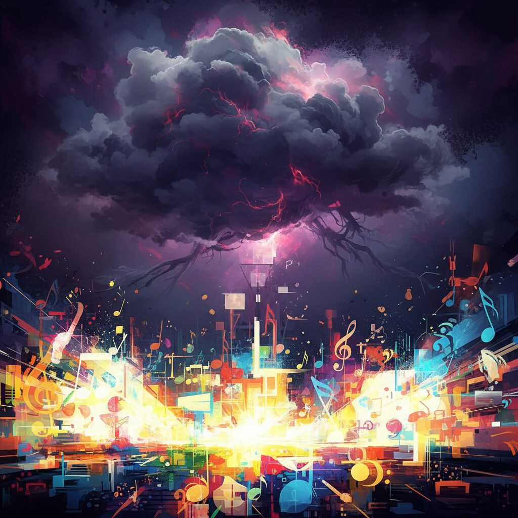 aespaの紅白歌合戦出場を象徴するステージと、その背景に隠されたキノコ雲のような不穏な影。M!LKの楽曲との関連も示唆する視覚的な対比。