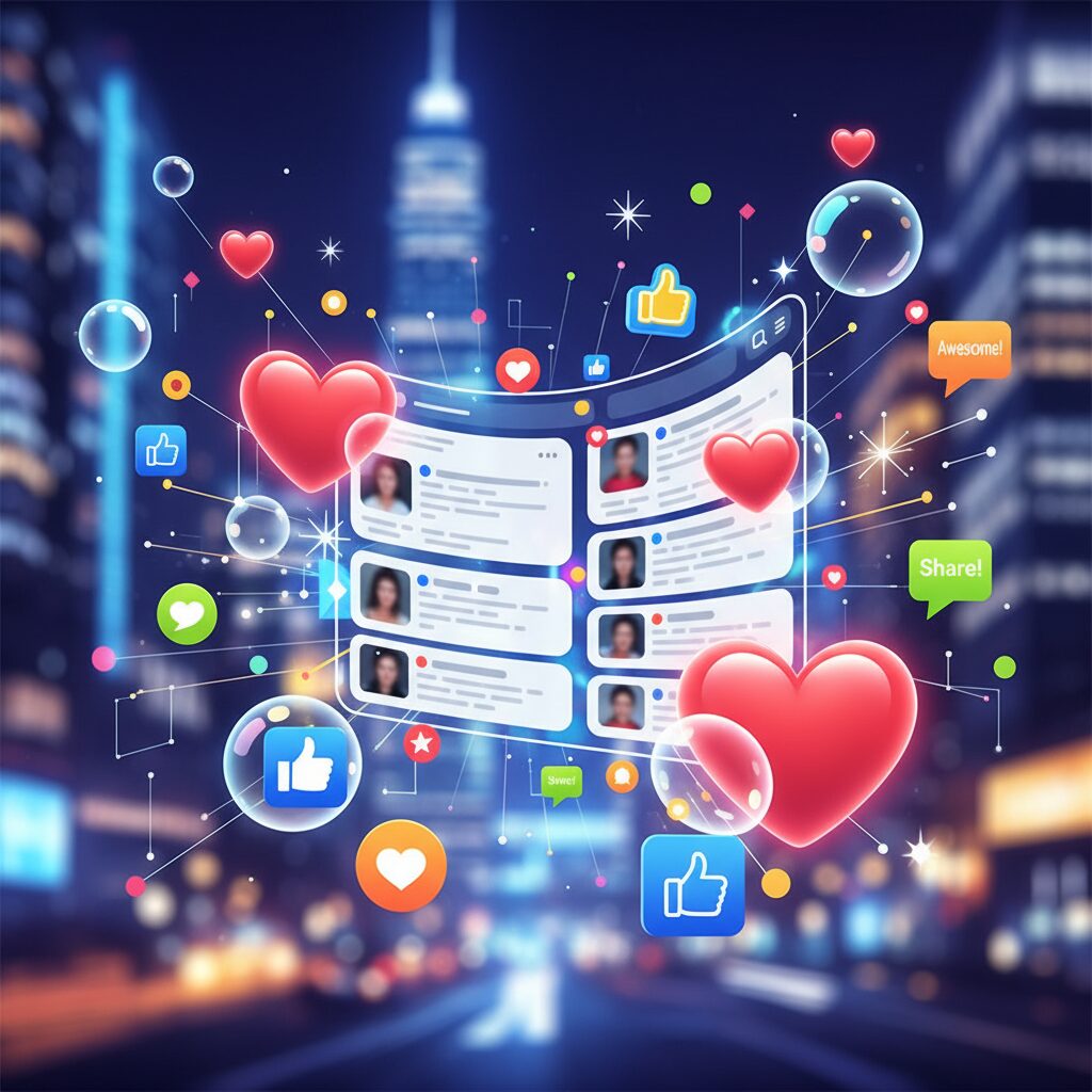 中丸雄一がSNSでファンと交流する様子を表現したイラスト。夜景を背景に、楽しそうなアイコンが飛び交う。