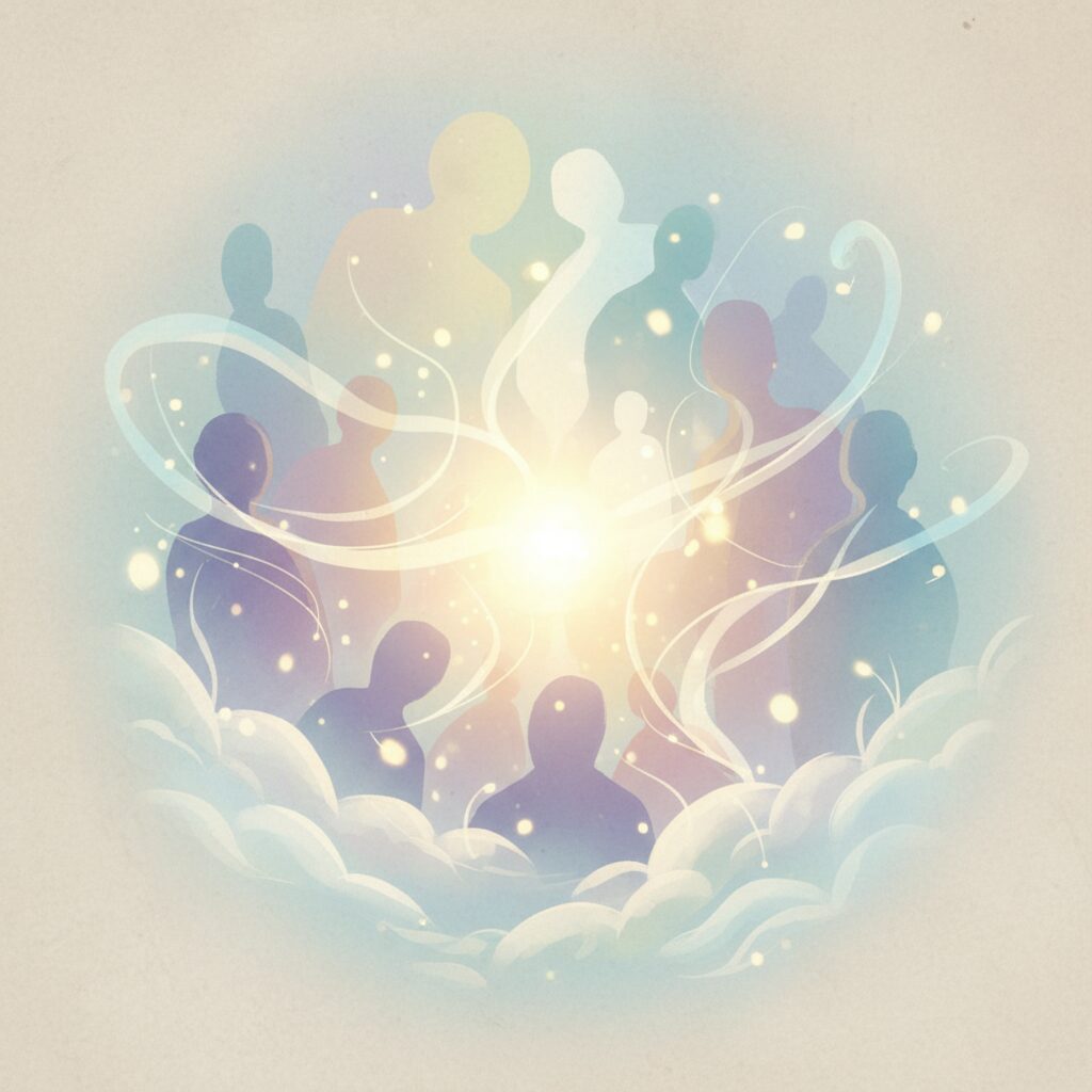 メンタルヘルスを象徴する穏やかな光とサポートする抽象的な人影