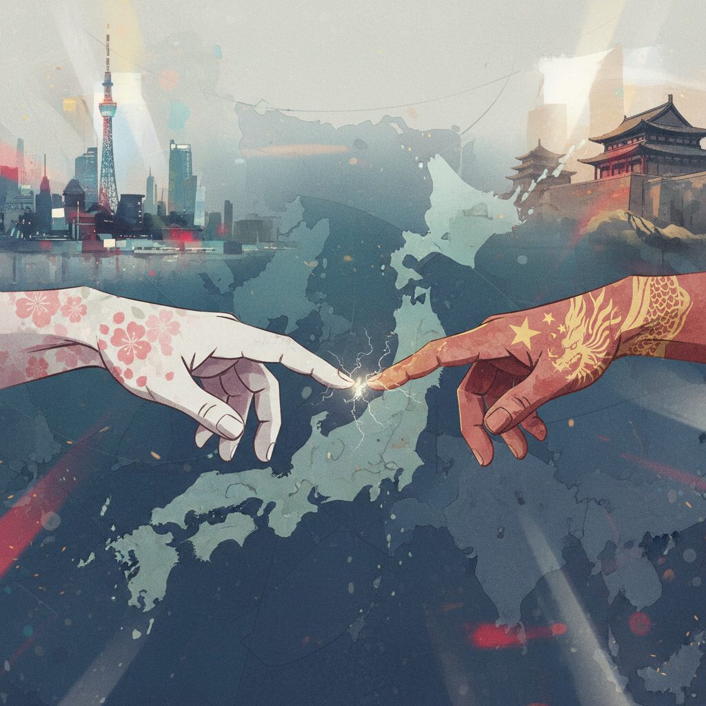 日本と中国の国旗色を基調とした、外交交渉の緊迫感を表現した抽象的なイラスト。