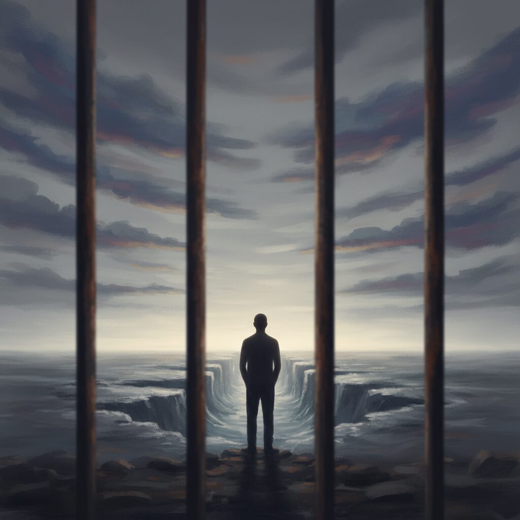 刑務所の格子越しに遠くを見る人のシルエット