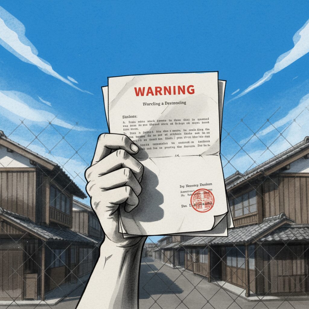 NHK受信料の支払い督促状を持つ手と、漠然とした家並みを背景にしたイラスト