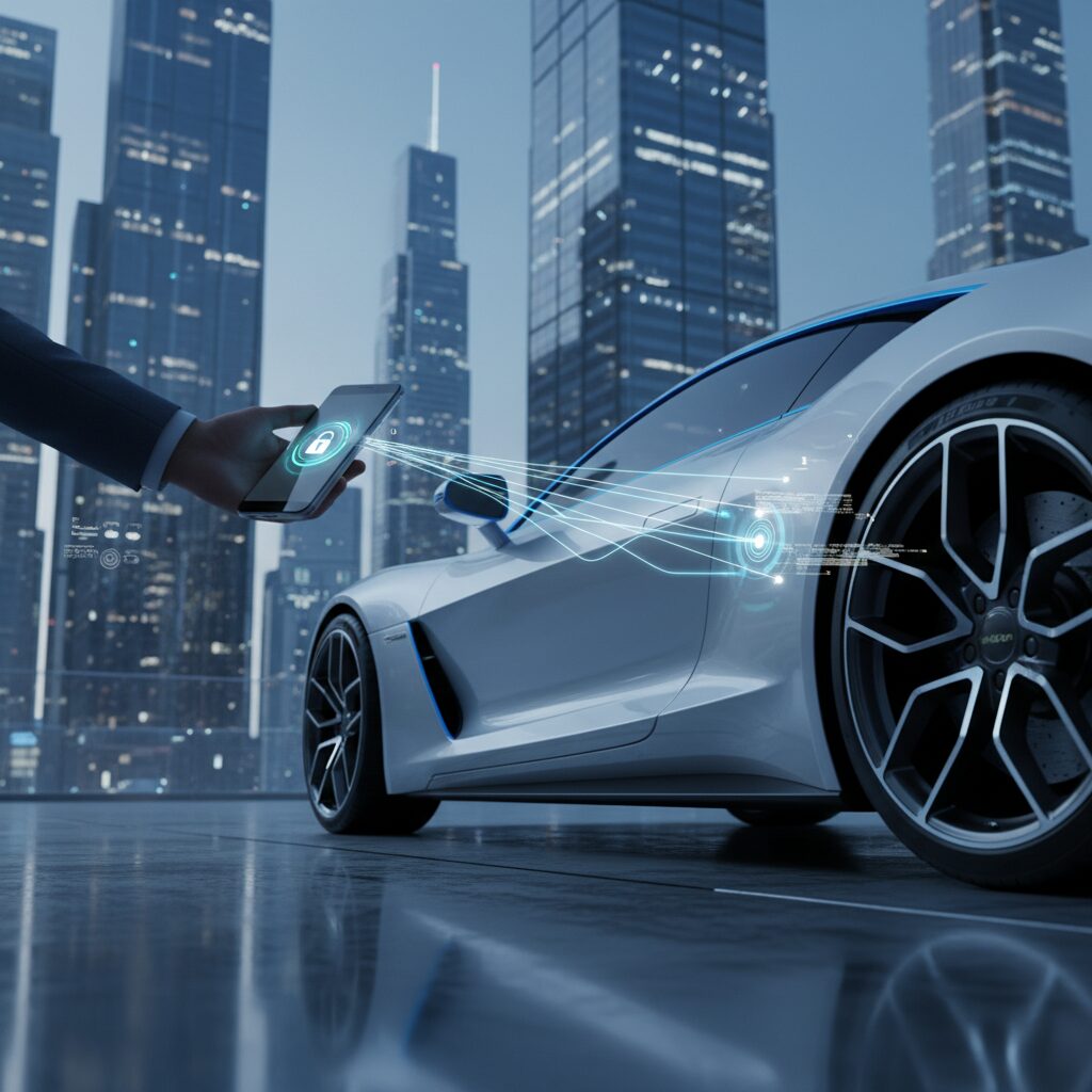 スマートキーまたはスマートフォンで車のドアを解施錠する様子を描いた未来的なイメージ