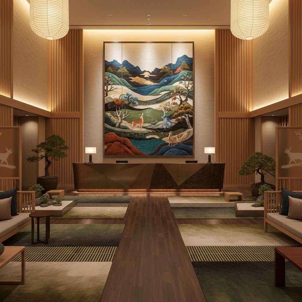 JWマリオット・ホテル奈良のロビー、西陣織のアートパネルと鹿のオブジェが調和する様子