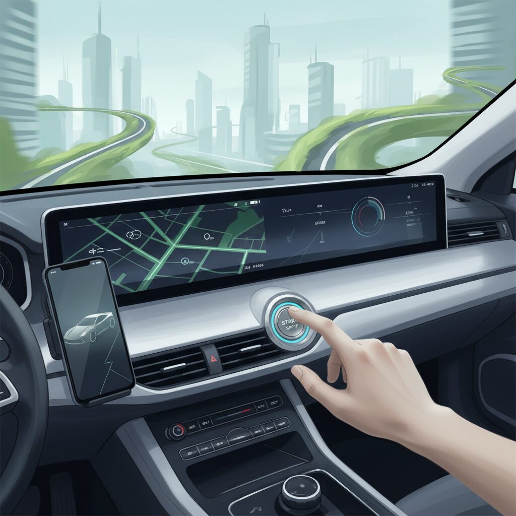 車のキーフリーシステムとスマートフォンが連携する未来のカーライフのイメージ